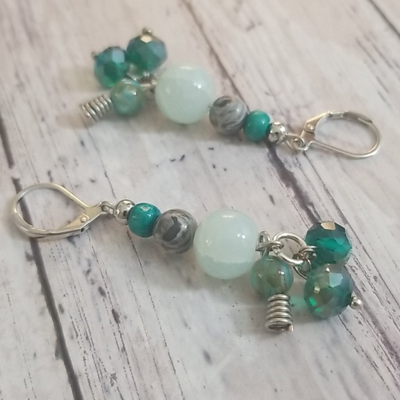 Cracked aqua, grey, green, silver beaded earrings - Picture 2 of 8